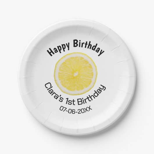 Kinder 1 Geburtstag Zitronenscheibe Name Datum m Pappteller (Vorderseite)