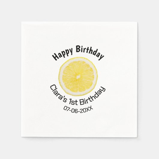 Kinder 1 Geburtstag Zitronenscheibe Name Datum m Serviette (Vorderseite)