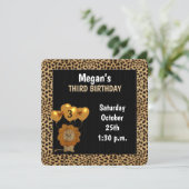 Kinder 3. Geburtstag Party Cheetah mit Schwarz Einladung (Stehend Vorderseite)