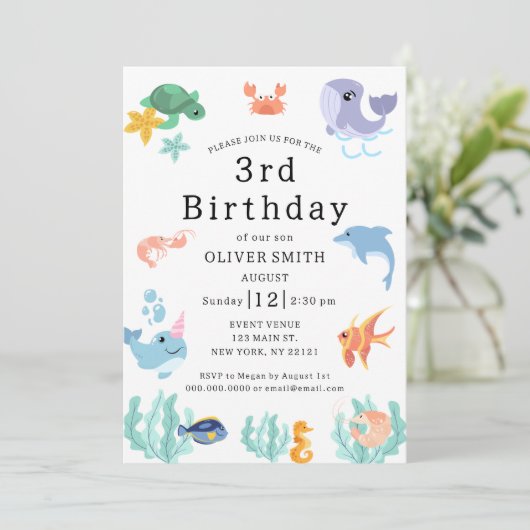 Kinder 3. Geburtstag Party Meerestiere Einladung (Stehend Vorderseite)