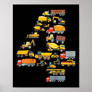 Kinder 4. Geburtstag Junge Bau Bagger Fahrzeug Poster