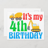 Kinder 4. Geburtstag Junge Baufahrzeug Postkarte (Vorne/Hinten)