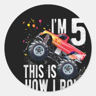 Kinder 5 Jahre alt 5. Geburtstag Junge Monster LKW Runder Aufkleber