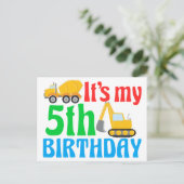 Kinder 5th Birthday Boy Construction Vehicle Postkarte (Stehend Vorderseite)