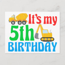 Kinder 5th Birthday Boy Construction Vehicle Postkarte