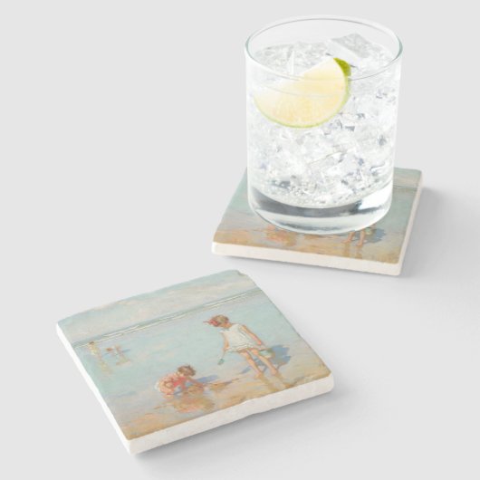 Kinder am Meer (Sommerstrand) Steinuntersetzer (Seitenansicht)