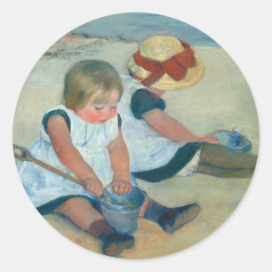 Kinder am Strand   Mary Cassatt Postcard Runder Aufkleber