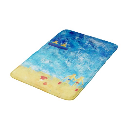 Kinder an der Küste Moderne Kunst Badematte (Schrägansicht)