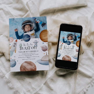 Kinder Aquarell Weltraum Foto Geburtstagsparty Einladung