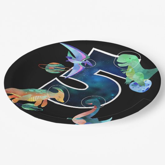 Kinder Astronaut Weltraumdinosaurier 5. Geburtstag Pappteller (Schrägansicht)