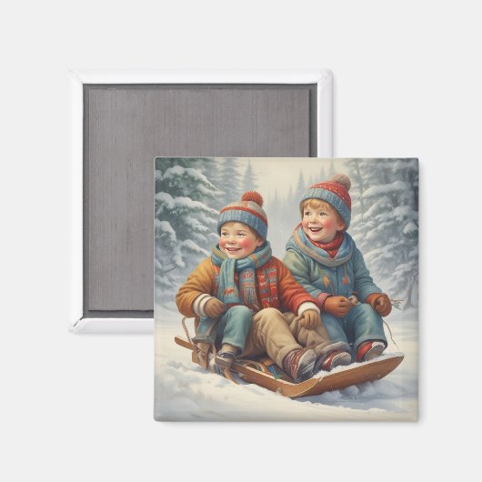 Kinder auf einem Schlittenmagnet Magnet (Vorderseite/Rückseite)