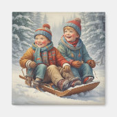 Kinder auf einem Schlittenmagnet Magnet (Vorne)