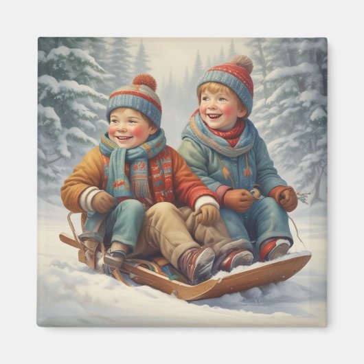 Kinder auf einem Schlittenmagnet Magnet (Vorne)