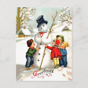 Kinder bauen einen großen Schneemann, alte Feierta Postkarte