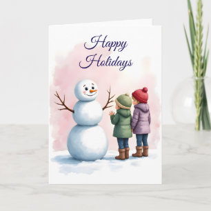 Kinder bauen Schneemann Winterlandschaft Blanko Karte
