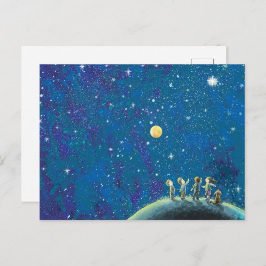 Kinder beim nächtlichen Sternenhimmel Postkarte (Vorne/Hinten)