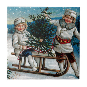 Kinder beim Schlittenfahren Fliese