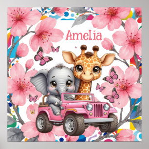  Kinder Blumen Baby Dschungel Tiere & Name Kinderz Poster