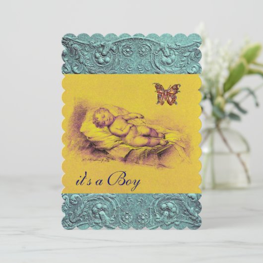 KINDER, BLÜTTERFLY GELBE BLAUE BABY DUSCHE EINLADUNG (Stehend Vorderseite)