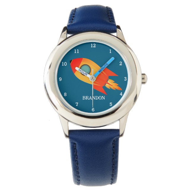 Kinder Boys Rocket Space Blue Astronaut Name Armbanduhr (Vorderseite)