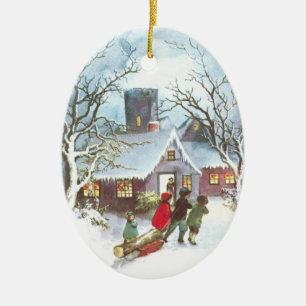 Kinder bringen den Weihnachtsklotz nach Hause Vint Keramikornament