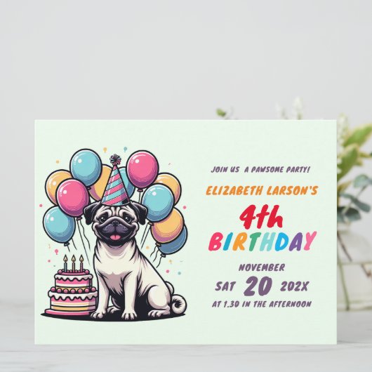 Kinder buntes Mops Thema Geburtstag Einladung (Stehend Vorderseite)