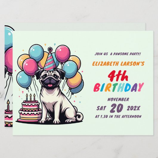 Kinder buntes Mops Thema Geburtstag Einladung (Vorne/Hinten)