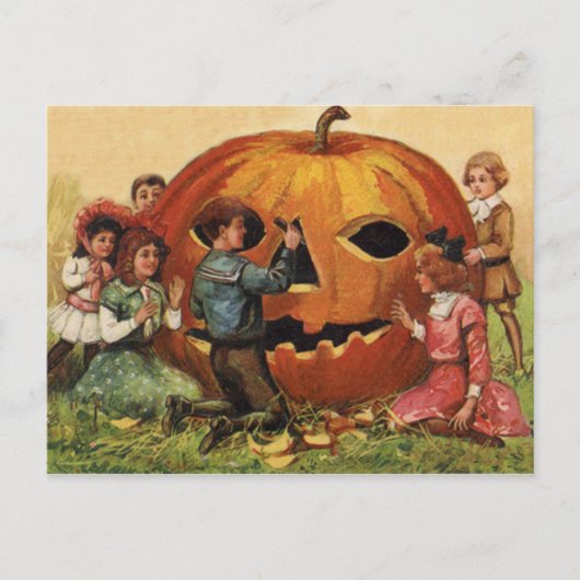 Kinder Carving Kürbislaterne Pumpkin Postkarte (Vorderseite)