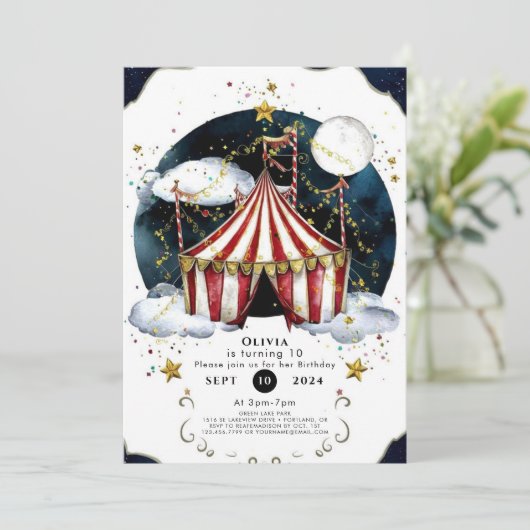 Kinder Celestial Circus Geburtstag Einladung (Stehend Vorderseite)
