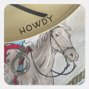 Kinder Cowboy-Thema reiten Pferdeschlitten Quadratischer Aufkleber