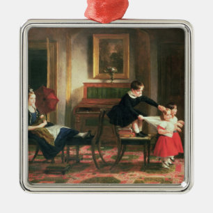 Kinder, die am Trainer und an den Pferden spielen Silbernes Ornament