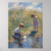 Kinder, die an einem Teich Sunlit spielen - Impres Poster (Vorne)