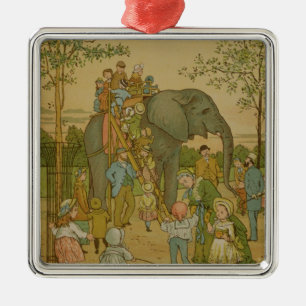 Kinder, die auf den Elefanten (litho, fahren) Silbernes Ornament