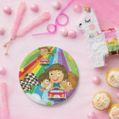 Kinder, die auf einem Rainbow-Paper-Teller rennen Pappteller (Party)