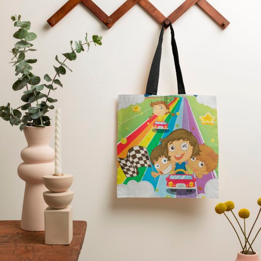 Kinder, die auf einem Rainbow Tote Bag reiten Tasche