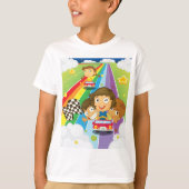 Kinder, die auf einem Regenbogen-T - Shirt reiten (Vorderseite)
