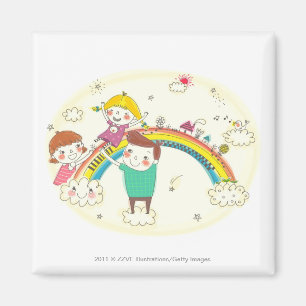 Kinder, die auf Regenbogen spielen Magnet