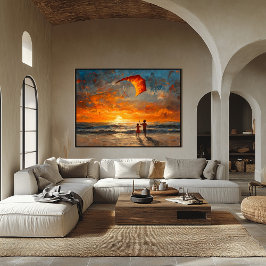 Kinder, die bei Sonnenuntergang Drachen fliegen - Poster