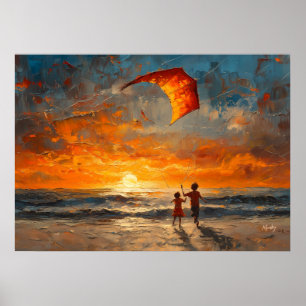 Kinder, die bei Sonnenuntergang Drachen fliegen - Poster
