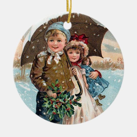 Kinder, die durch den Schnee gehen Keramikornament (Vorne)