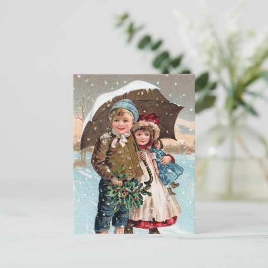 Kinder, die durch den Schnee gehen Postkarte (Stehend Vorderseite)