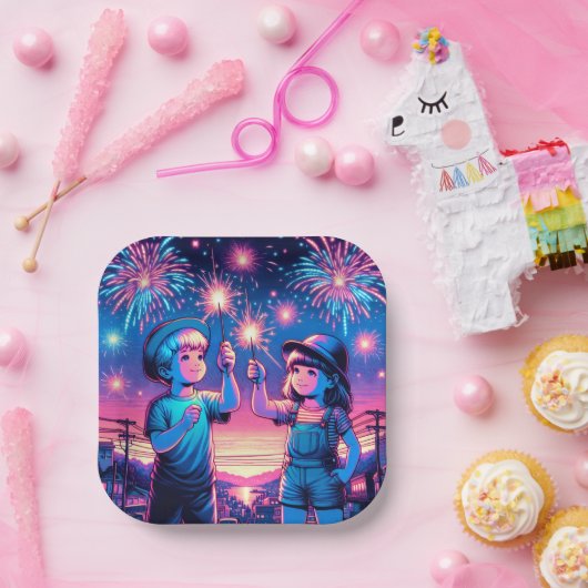 Kinder, die Feuerwerke am 4. Juli aufhalten Pappteller (Party)