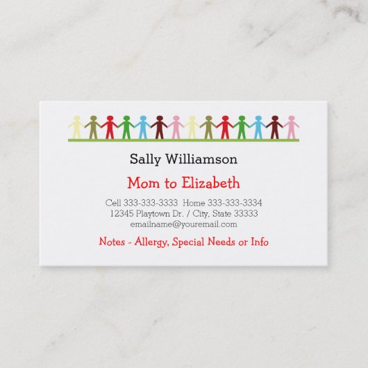 Kinder, die Hände Mama und Kindergewohnheits-Info Telefonnummerkarte (Vorderseite)