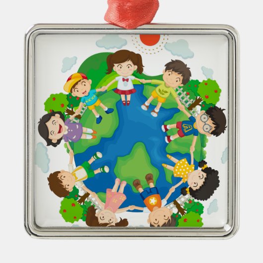Kinder, die Hände um die Erde halten Ornament Aus Metall (Vorne)