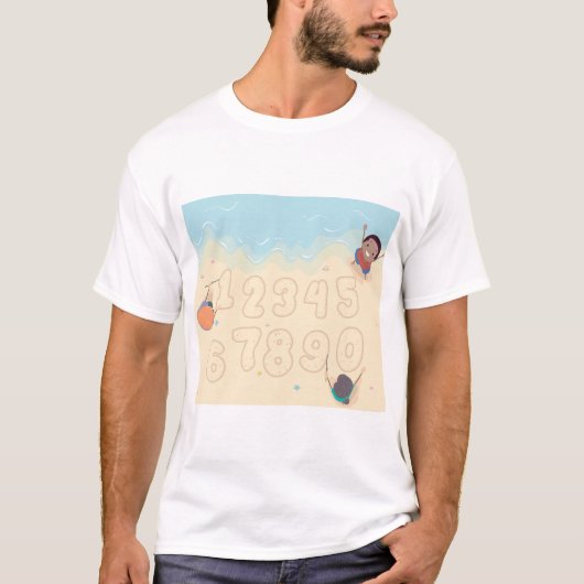 Kinder, die im Sand-T - Shirt Zahlen schreiben (Vorderseite)