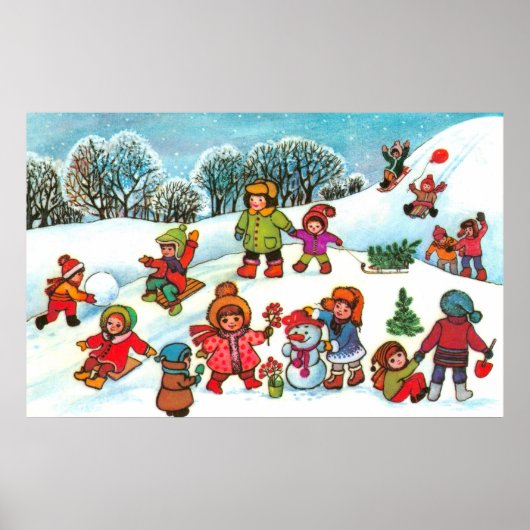 Kinder, die im Schnee spielen Poster (Vorne)