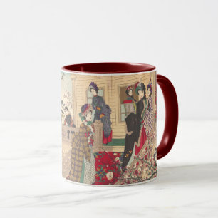 Kinder, die im Schnee unter Pflaumen-Bäumen Tasse