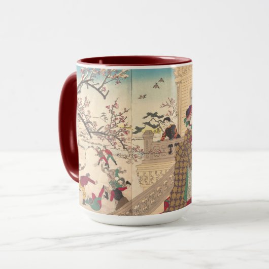 Kinder, die im Schnee unter Pflaumen-Bäumen Tasse (Vorderseite Links)