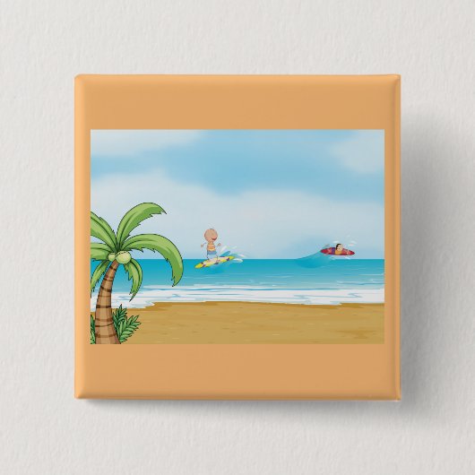 Kinder, die im Sommer im tropischen Beach Fun surf Button (Vorderseite)