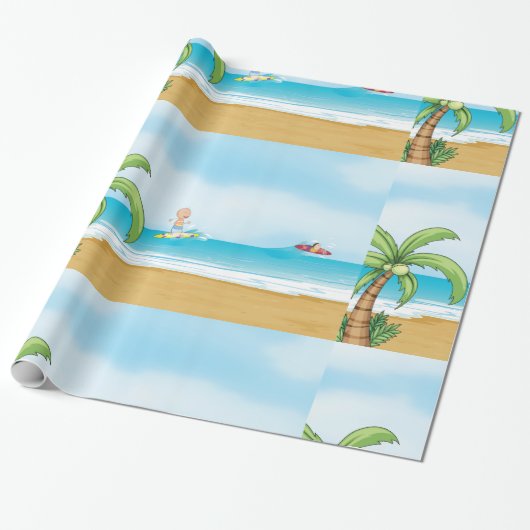 Kinder, die im Sommer im tropischen Beach Fun surf Geschenkpapier (Ungerollt)